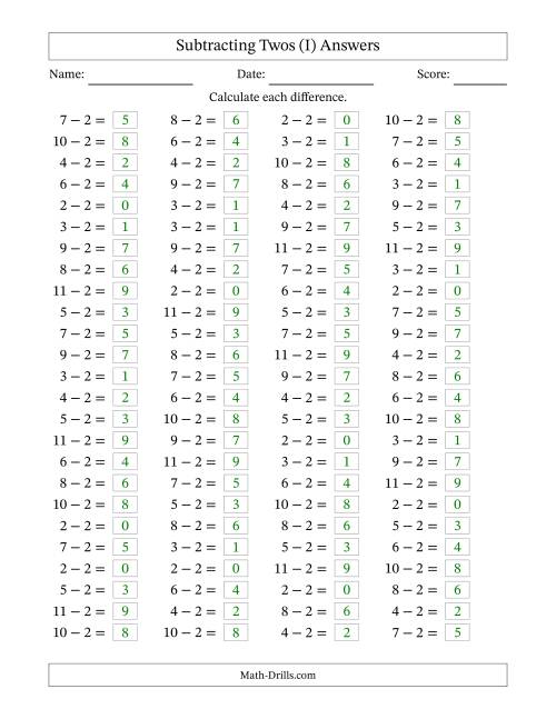 The Horizontally Arranged Subtracting Twos with Differences from 0 to 9 (100 Questions) (I) Math Worksheet Page 2