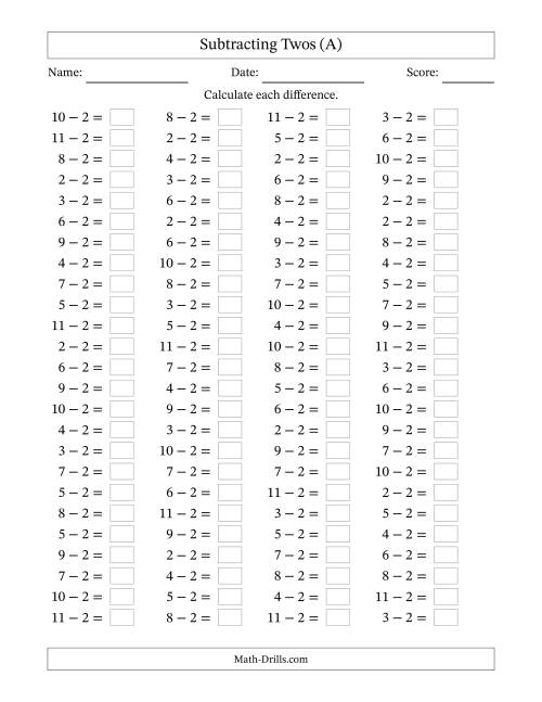 The Horizontally Arranged Subtracting Twos with Differences from 0 to 9 (100 Questions) (All) Math Worksheet