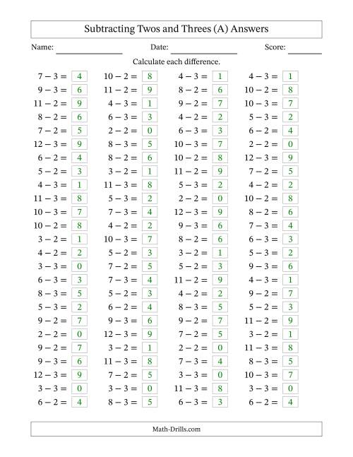 The Horizontally Arranged Subtracting Twos and Threes with Differences from 0 to 9 (100 Questions) (A) Math Worksheet Page 2