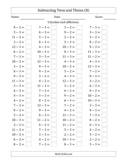 The Horizontally Arranged Subtracting Twos and Threes with Differences from 0 to 9 (100 Questions) (B) Math Worksheet