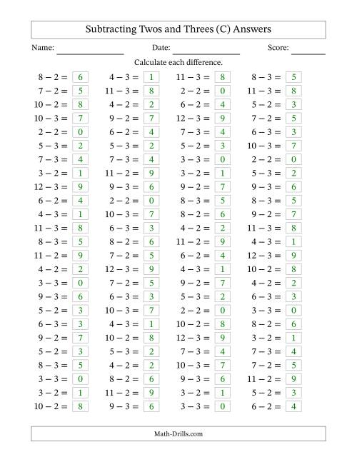 The Horizontally Arranged Subtracting Twos and Threes with Differences from 0 to 9 (100 Questions) (C) Math Worksheet Page 2
