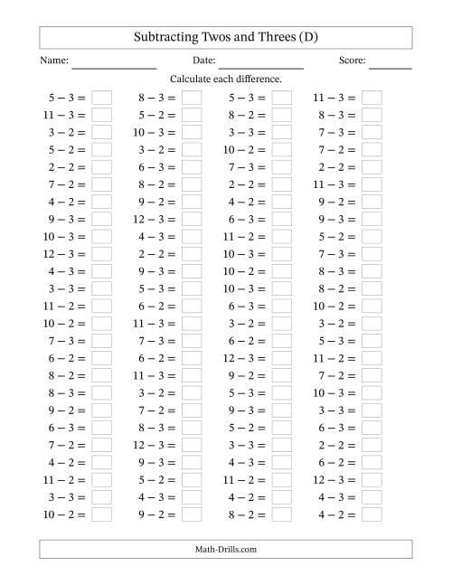 The Horizontally Arranged Subtracting Twos and Threes with Differences from 0 to 9 (100 Questions) (D) Math Worksheet