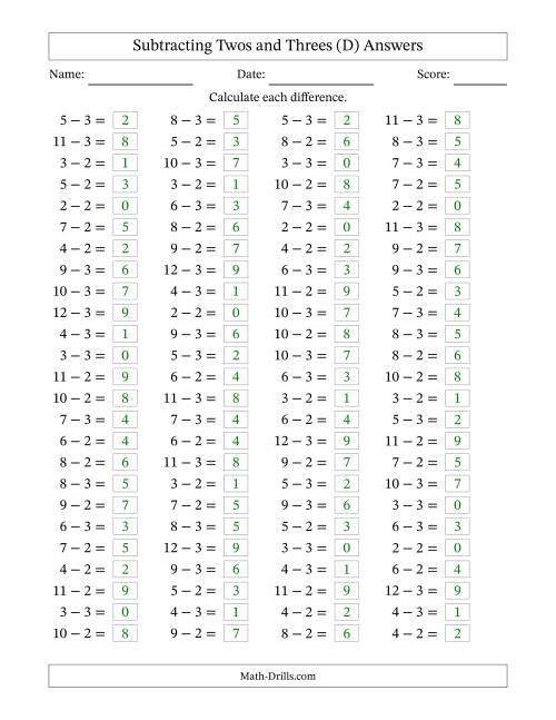 The Horizontally Arranged Subtracting Twos and Threes with Differences from 0 to 9 (100 Questions) (D) Math Worksheet Page 2
