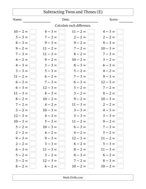 The Horizontally Arranged Subtracting Twos and Threes with Differences from 0 to 9 (100 Questions) (E) Math Worksheet