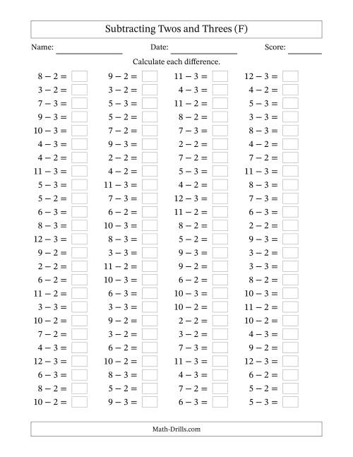 The Horizontally Arranged Subtracting Twos and Threes with Differences from 0 to 9 (100 Questions) (F) Math Worksheet