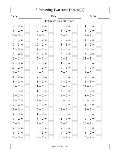 The Horizontally Arranged Subtracting Twos and Threes with Differences from 0 to 9 (100 Questions) (G) Math Worksheet
