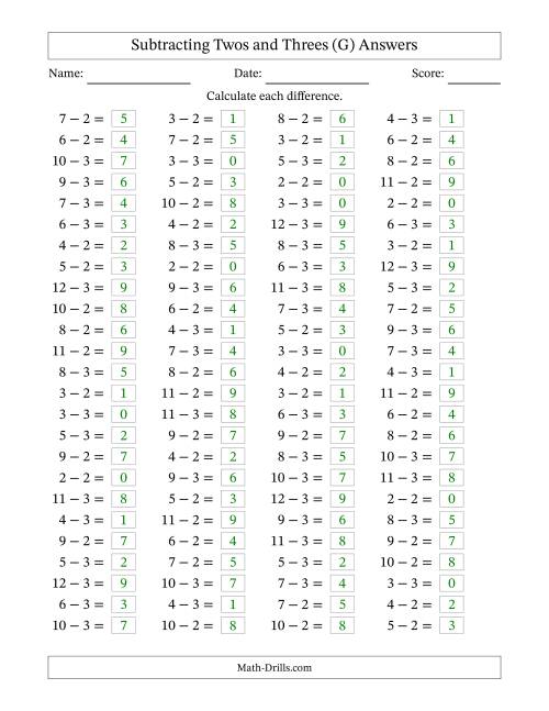 The Horizontally Arranged Subtracting Twos and Threes with Differences from 0 to 9 (100 Questions) (G) Math Worksheet Page 2