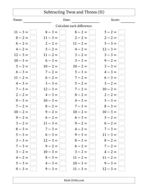 The Horizontally Arranged Subtracting Twos and Threes with Differences from 0 to 9 (100 Questions) (H) Math Worksheet