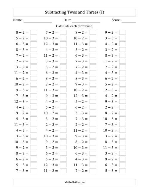 The Horizontally Arranged Subtracting Twos and Threes with Differences from 0 to 9 (100 Questions) (I) Math Worksheet