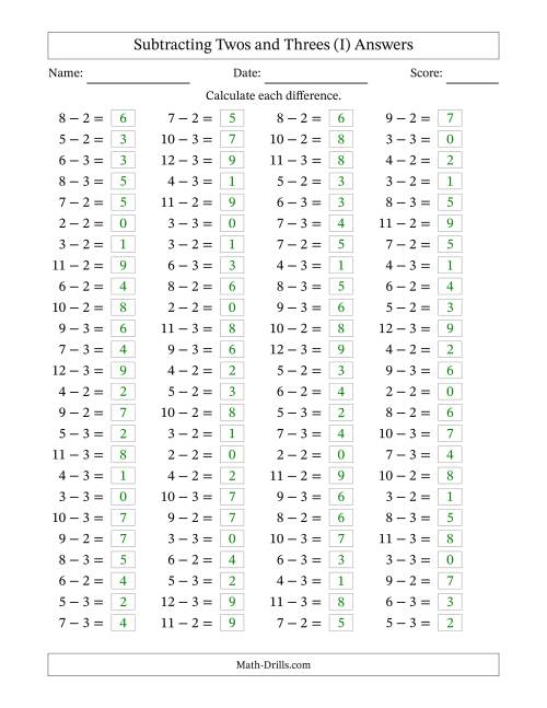 The Horizontally Arranged Subtracting Twos and Threes with Differences from 0 to 9 (100 Questions) (I) Math Worksheet Page 2