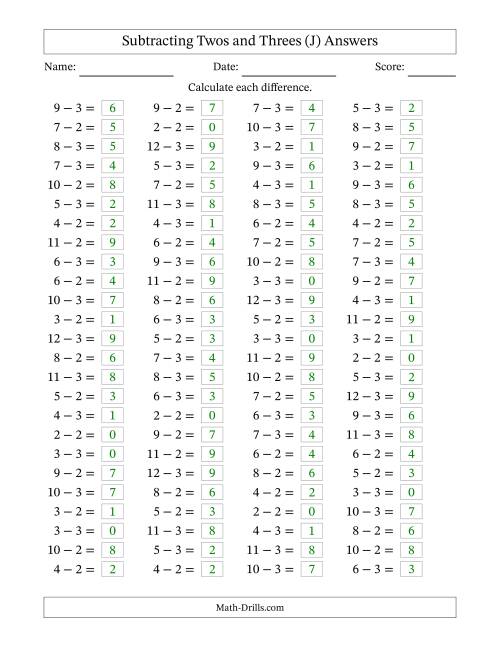 The Horizontally Arranged Subtracting Twos and Threes with Differences from 0 to 9 (100 Questions) (J) Math Worksheet Page 2