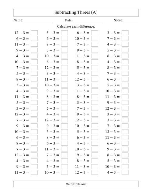 The Horizontally Arranged Subtracting Threes with Differences from 0 to 9 (100 Questions) (A) Math Worksheet