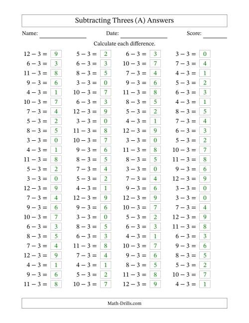 The Horizontally Arranged Subtracting Threes with Differences from 0 to 9 (100 Questions) (A) Math Worksheet Page 2