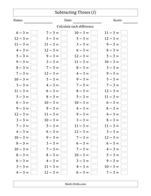 The Horizontally Arranged Subtracting Threes with Differences from 0 to 9 (100 Questions) (J) Math Worksheet