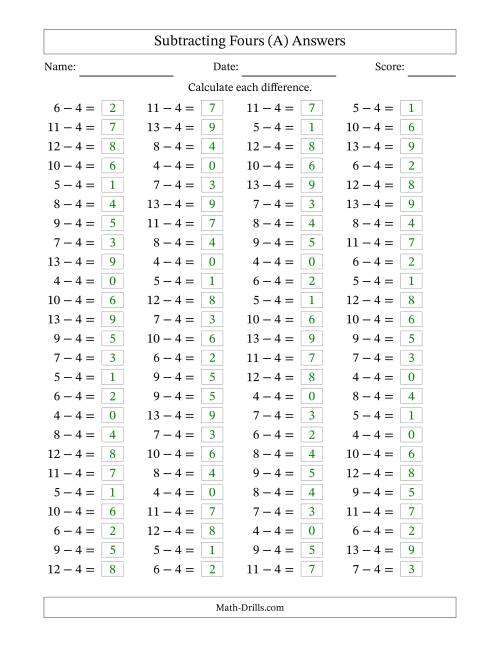 The Horizontally Arranged Subtracting Fours with Differences from 0 to 9 (100 Questions) (A) Math Worksheet Page 2