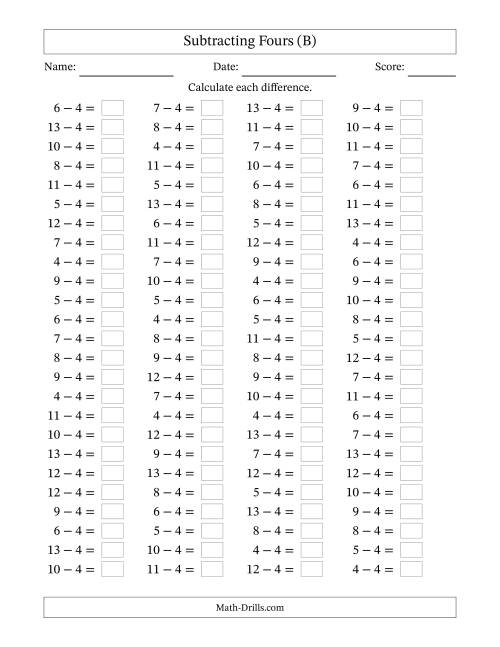 The Horizontally Arranged Subtracting Fours with Differences from 0 to 9 (100 Questions) (B) Math Worksheet