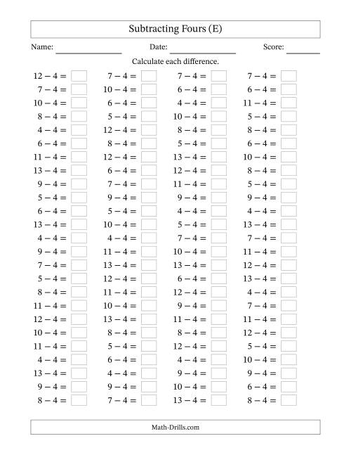 The Horizontally Arranged Subtracting Fours with Differences from 0 to 9 (100 Questions) (E) Math Worksheet