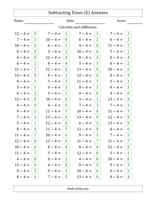 The Horizontally Arranged Subtracting Fours with Differences from 0 to 9 (100 Questions) (E) Math Worksheet Page 2
