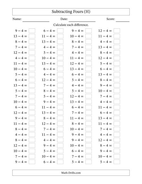 The Horizontally Arranged Subtracting Fours with Differences from 0 to 9 (100 Questions) (H) Math Worksheet