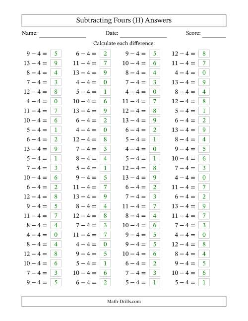 The Horizontally Arranged Subtracting Fours with Differences from 0 to 9 (100 Questions) (H) Math Worksheet Page 2