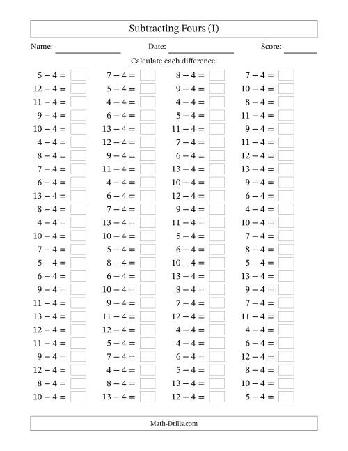 The Horizontally Arranged Subtracting Fours with Differences from 0 to 9 (100 Questions) (I) Math Worksheet