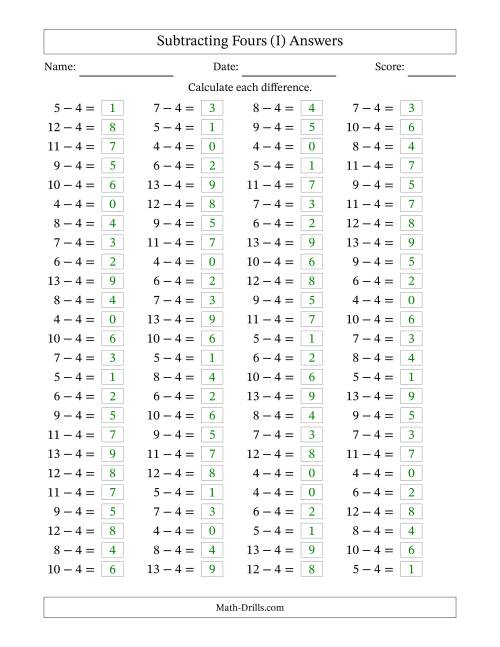 The Horizontally Arranged Subtracting Fours with Differences from 0 to 9 (100 Questions) (I) Math Worksheet Page 2