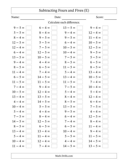 The Horizontally Arranged Subtracting Fours and Fives with Differences from 0 to 9 (100 Questions) (E) Math Worksheet