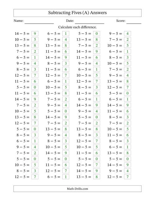 The Horizontally Arranged Subtracting Fives with Differences from 0 to 9 (100 Questions) (A) Math Worksheet Page 2