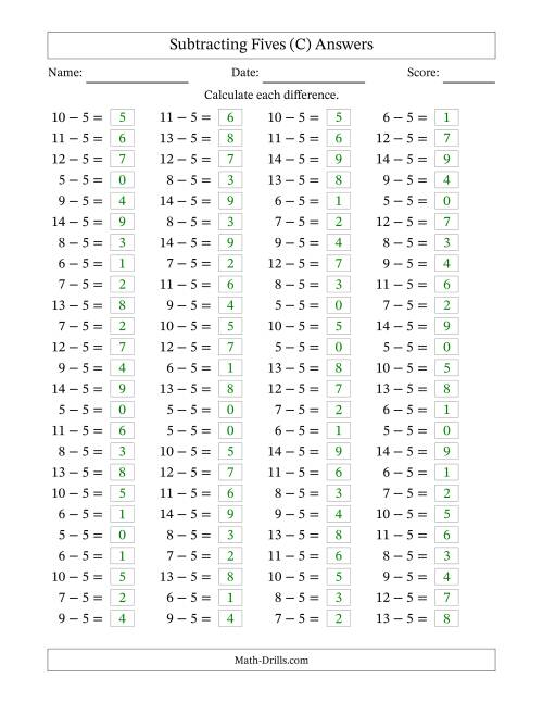 The Horizontally Arranged Subtracting Fives with Differences from 0 to 9 (100 Questions) (C) Math Worksheet Page 2