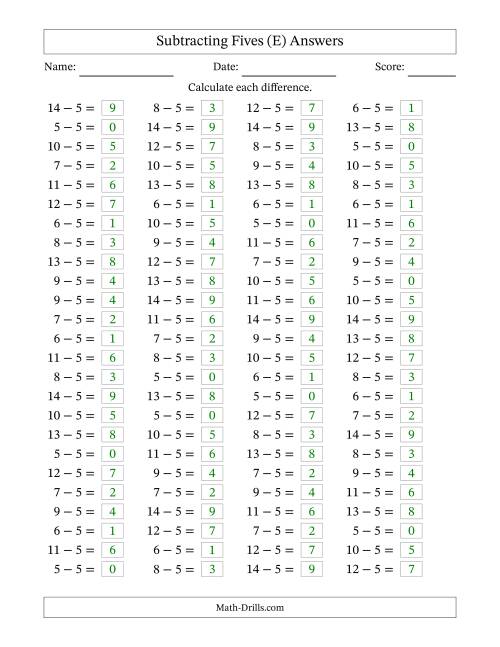 The Horizontally Arranged Subtracting Fives with Differences from 0 to 9 (100 Questions) (E) Math Worksheet Page 2