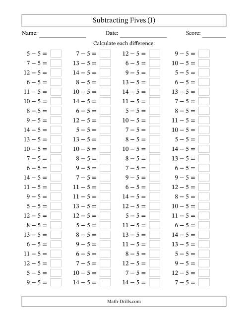 The Horizontally Arranged Subtracting Fives with Differences from 0 to 9 (100 Questions) (I) Math Worksheet