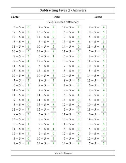 The Horizontally Arranged Subtracting Fives with Differences from 0 to 9 (100 Questions) (I) Math Worksheet Page 2