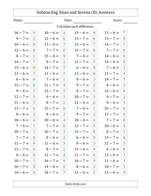 The Horizontally Arranged Subtracting Sixes and Sevens with Differences from 0 to 9 (100 Questions) (B) Math Worksheet Page 2