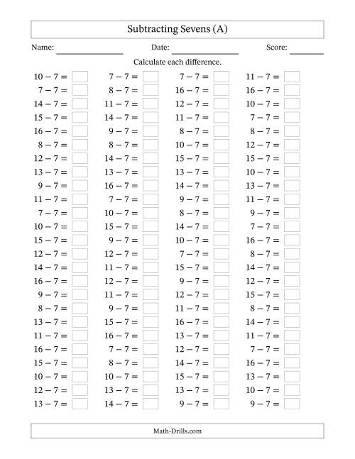 The Horizontally Arranged Subtracting Sevens with Differences from 0 to 9 (100 Questions) (A) Math Worksheet