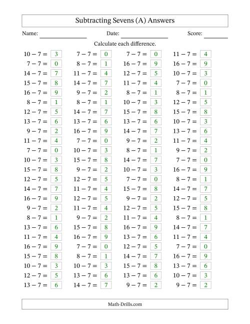 The Horizontally Arranged Subtracting Sevens with Differences from 0 to 9 (100 Questions) (A) Math Worksheet Page 2