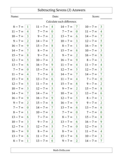 The Horizontally Arranged Subtracting Sevens with Differences from 0 to 9 (100 Questions) (J) Math Worksheet Page 2
