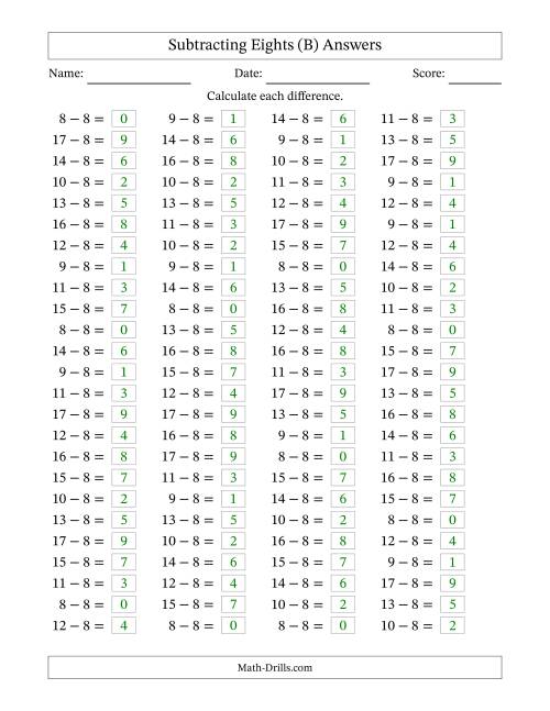 The Horizontally Arranged Subtracting Eights with Differences from 0 to 9 (100 Questions) (B) Math Worksheet Page 2