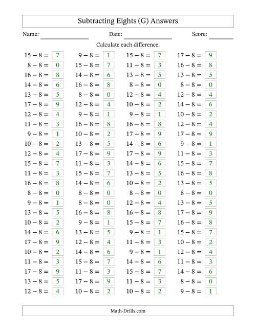 The Horizontally Arranged Subtracting Eights with Differences from 0 to 9 (100 Questions) (G) Math Worksheet Page 2