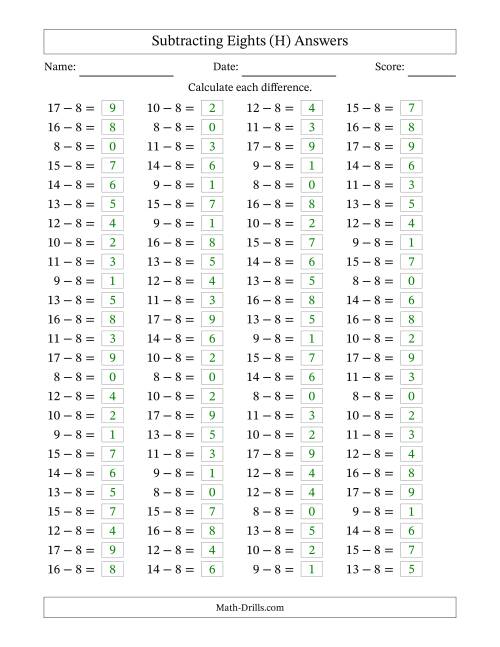 The Horizontally Arranged Subtracting Eights with Differences from 0 to 9 (100 Questions) (H) Math Worksheet Page 2