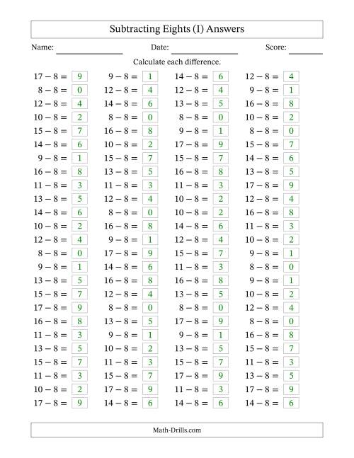The Horizontally Arranged Subtracting Eights with Differences from 0 to 9 (100 Questions) (I) Math Worksheet Page 2