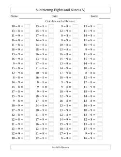 Horizontally Arranged Subtracting Eights and Nines with Differences from 0 to 9 (100 Questions)