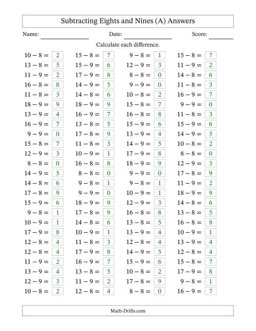 The Horizontally Arranged Subtracting Eights and Nines with Differences from 0 to 9 (100 Questions) (A) Math Worksheet Page 2