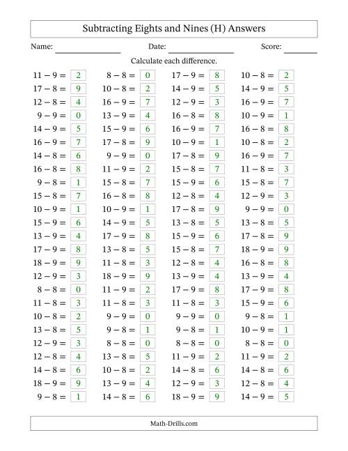 The Horizontally Arranged Subtracting Eights and Nines with Differences from 0 to 9 (100 Questions) (H) Math Worksheet Page 2