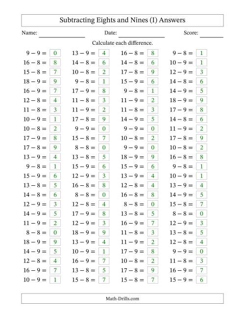 The Horizontally Arranged Subtracting Eights and Nines with Differences from 0 to 9 (100 Questions) (I) Math Worksheet Page 2