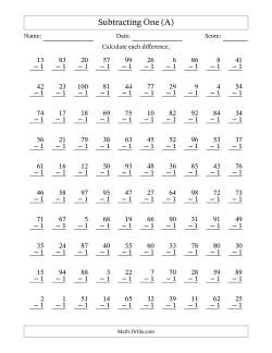 Subtracting One With Differences from 0 to 99 – 100 Questions