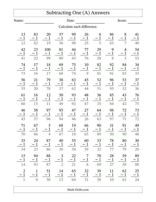 The Subtracting One With Differences from 0 to 99 – 100 Questions (A) Math Worksheet Page 2