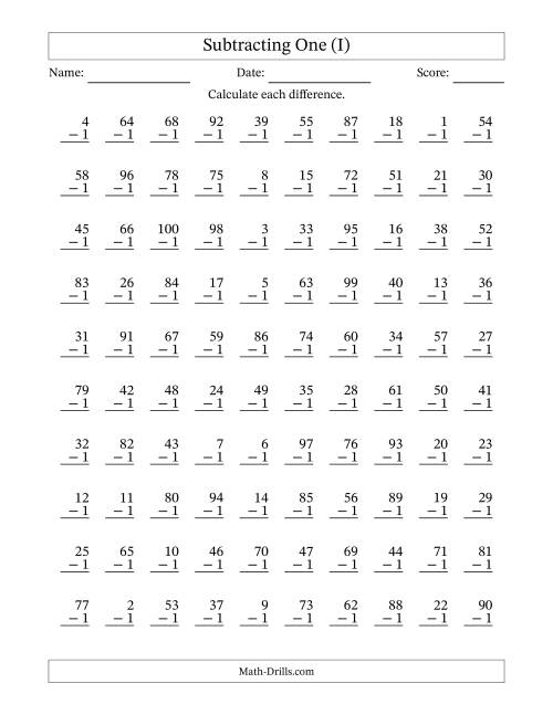 The Subtracting One With Differences from 0 to 99 – 100 Questions (I) Math Worksheet