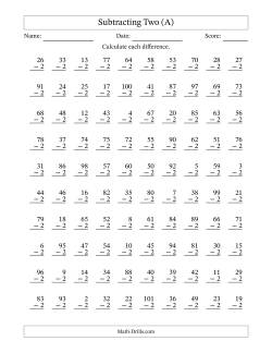 Subtracting Two With Differences from 0 to 99 – 100 Questions