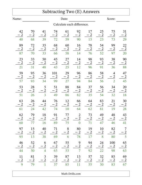 The Subtracting Two (2) with Differences 0 to 99 (100 Questions) (E) Math Worksheet Page 2