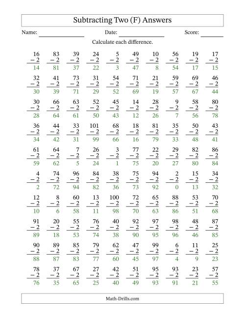 The Subtracting Two (2) with Differences 0 to 99 (100 Questions) (F) Math Worksheet Page 2